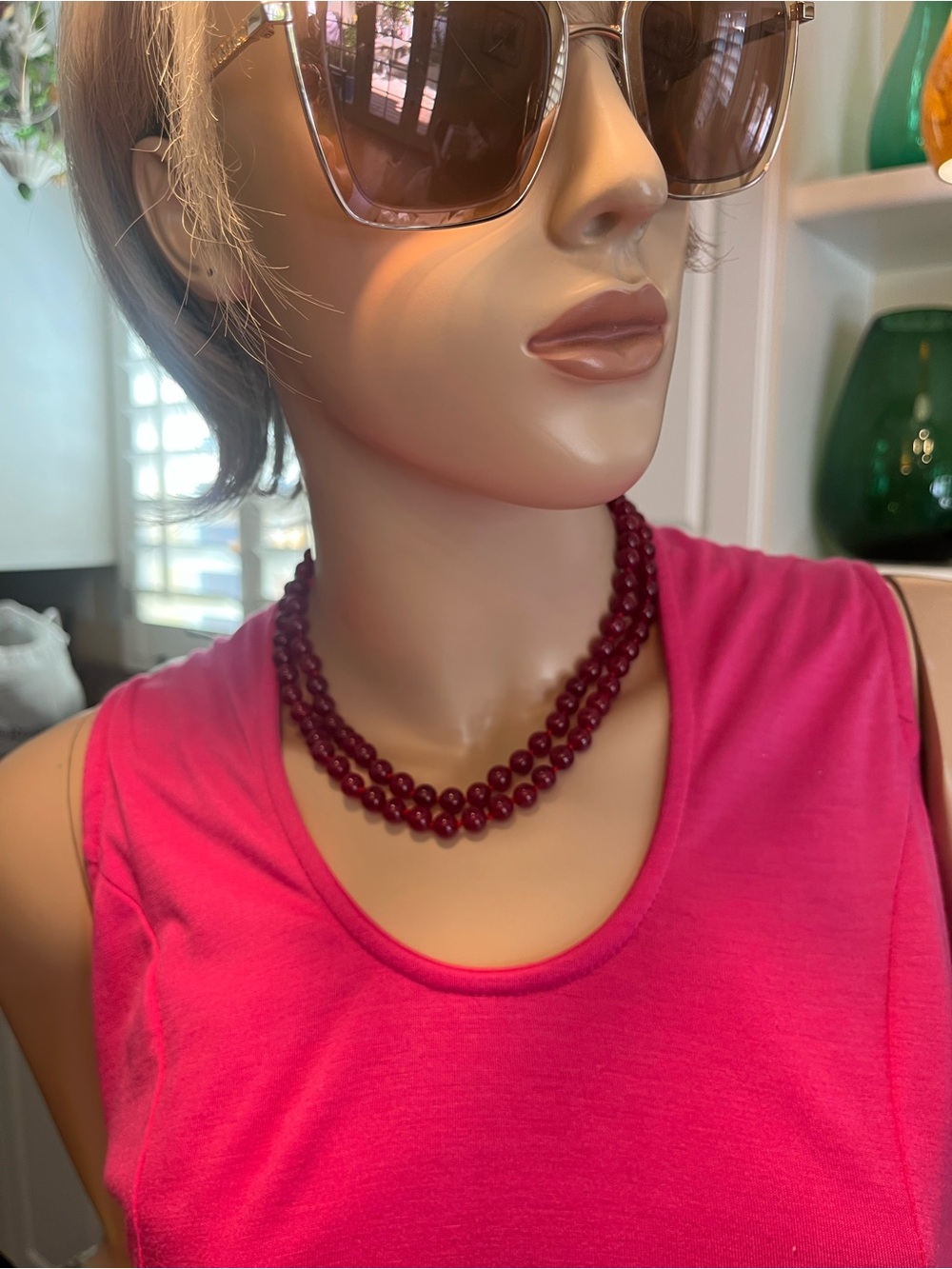 Classy Red Bauble Beaded Two-Strand Necklace with Decorative Filagree Clasp -
